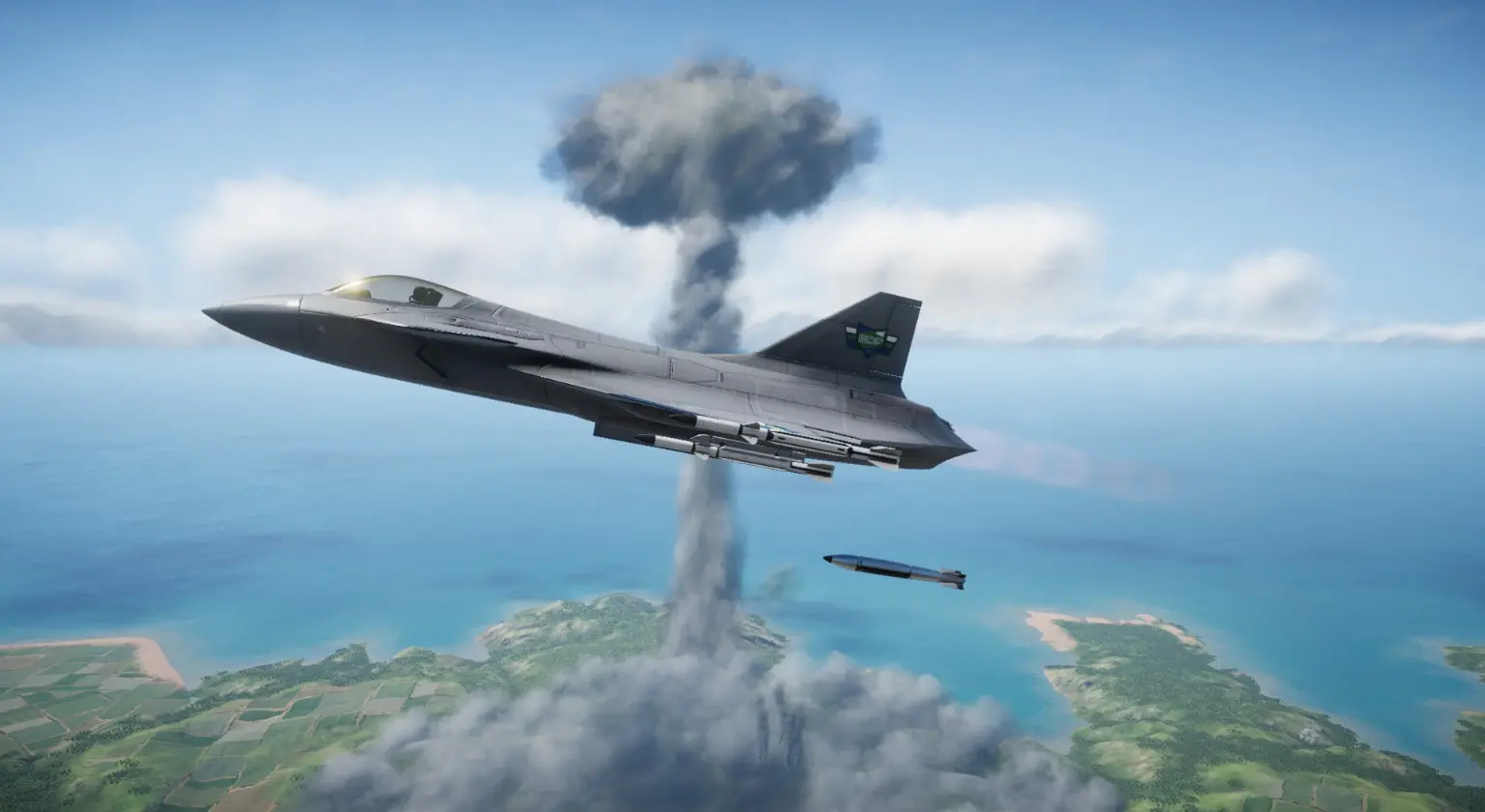 An FS-12 Revoker dropping a bomb while a nuclear mushroom cloud appears in the background